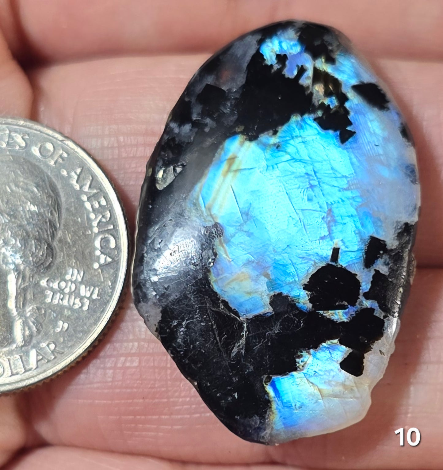 #10 Rainbow Moonstone Slice w/Black Tourmaline