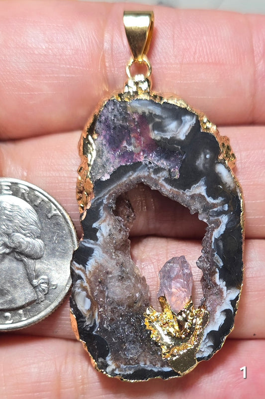 #1 Mexican Agate Window Druzy w/ inset Amethyst Crystal Pendant