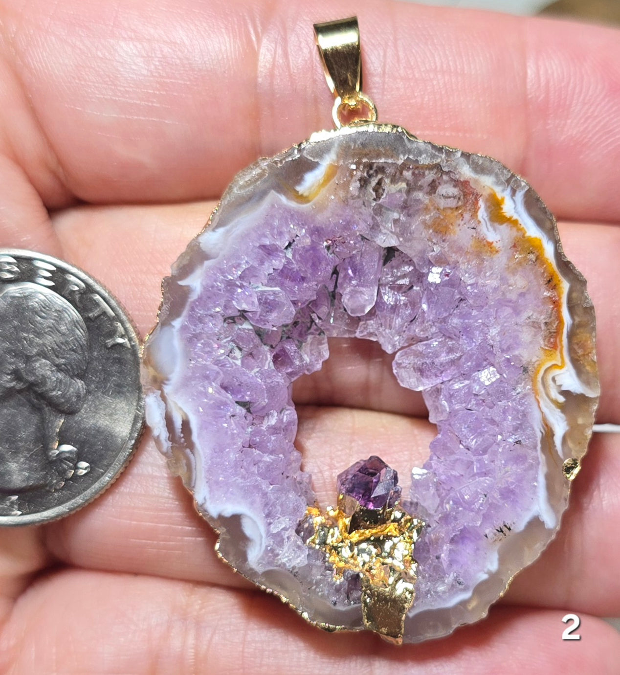 #2 Mexican Agate Window Druzy w/ inset Amethyst Crystal Pendant