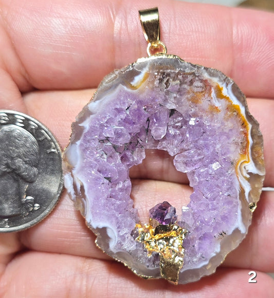 #2 Mexican Agate Window Druzy w/ inset Amethyst Crystal Pendant