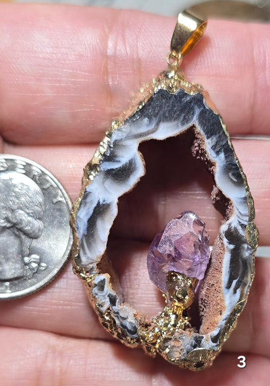 #3 Mexican Agate Window Druzy w/ inset Amethyst Crystal Pendant