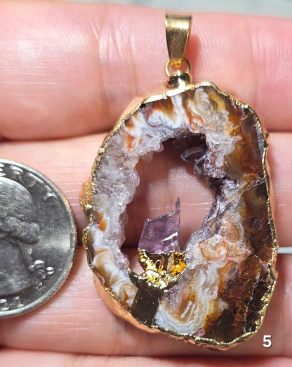 #5 Mexican Agate Window Druzy w/ inset Amethyst Crystal Pendant