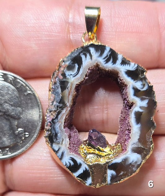 #6 Mexican Agate Window Druzy w/ inset Amethyst Crystal Pendant