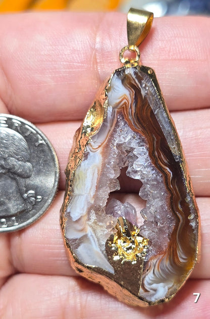#7 Mexican Agate Window Druzy w/ inset Amethyst Crystal Pendant