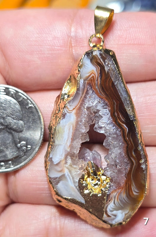 #7 Mexican Agate Window Druzy w/ inset Amethyst Crystal Pendant