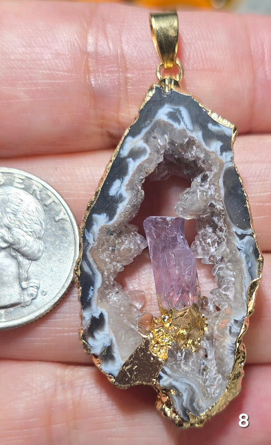 #8 Mexican Agate Window Druzy w/ inset Amethyst Crystal Pendant