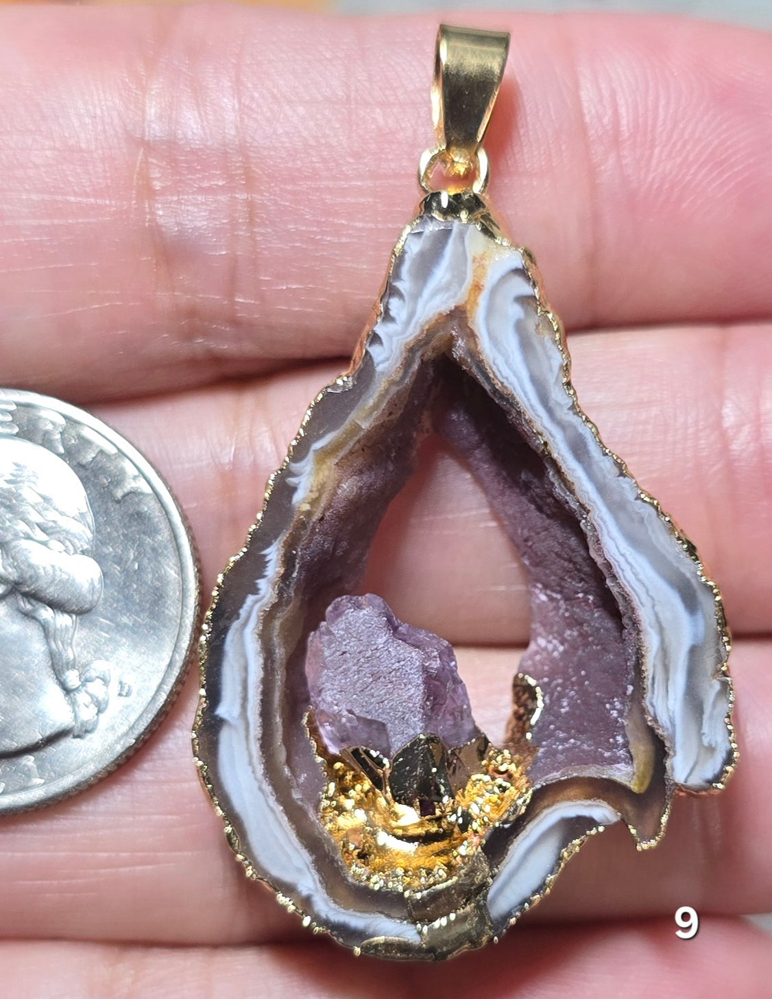 #9 Mexican Agate Window Druzy w/ inset Amethyst Crystal Pendant
