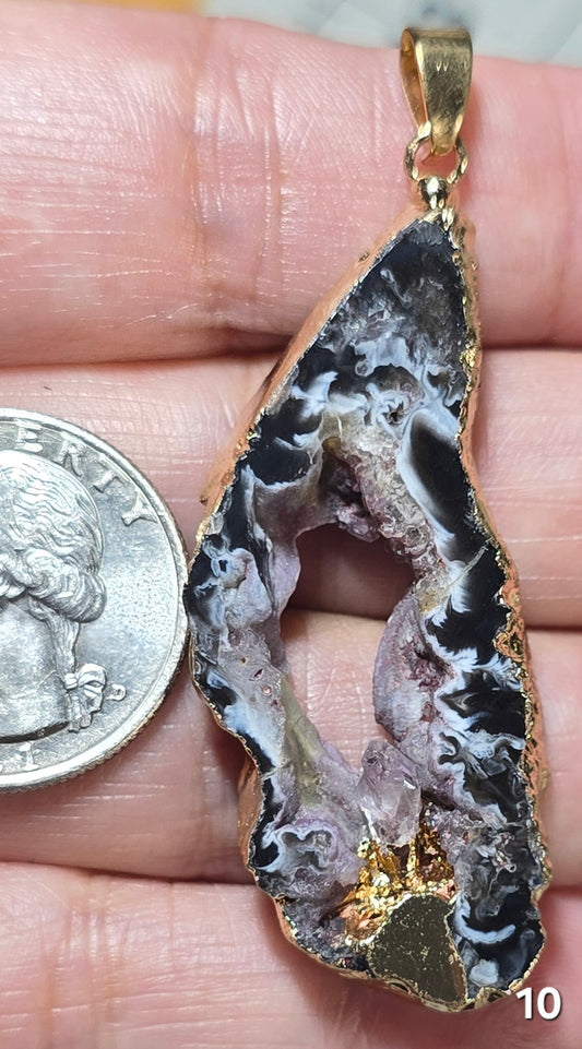 #10 Mexican Agate Window Druzy w/ inset Amethyst Crystal Pendant