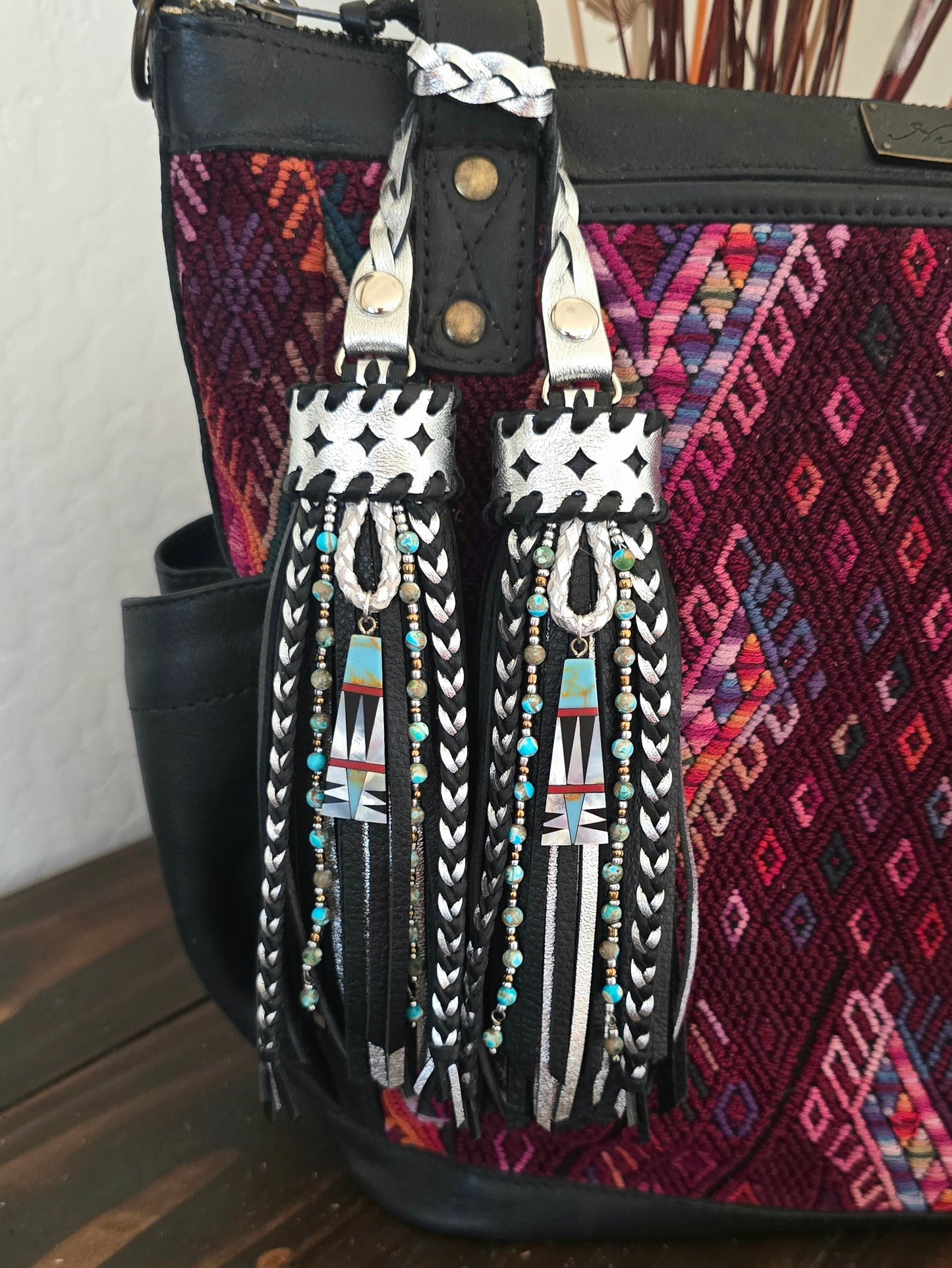 6" Mosaic Silver D-ring Leather Tassels