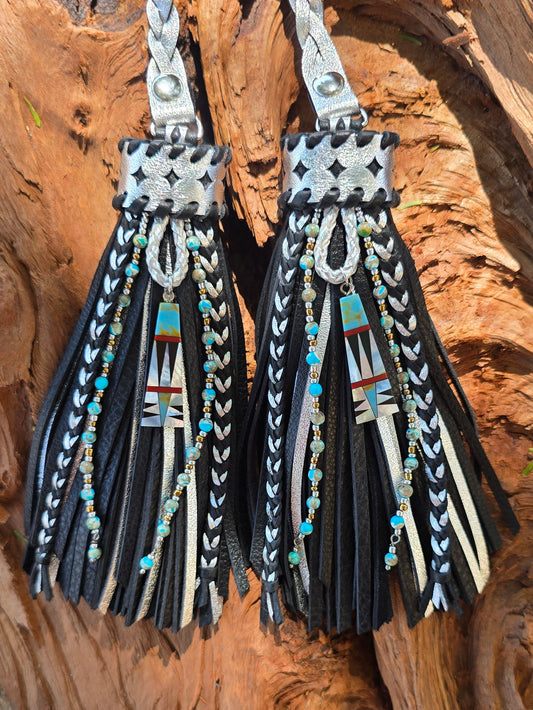 6" Mosaic Silver D-ring Leather Tassels