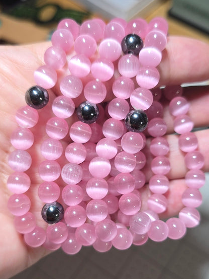 8mm Pink Cateye w/Hematite Bead Accent Bracelet