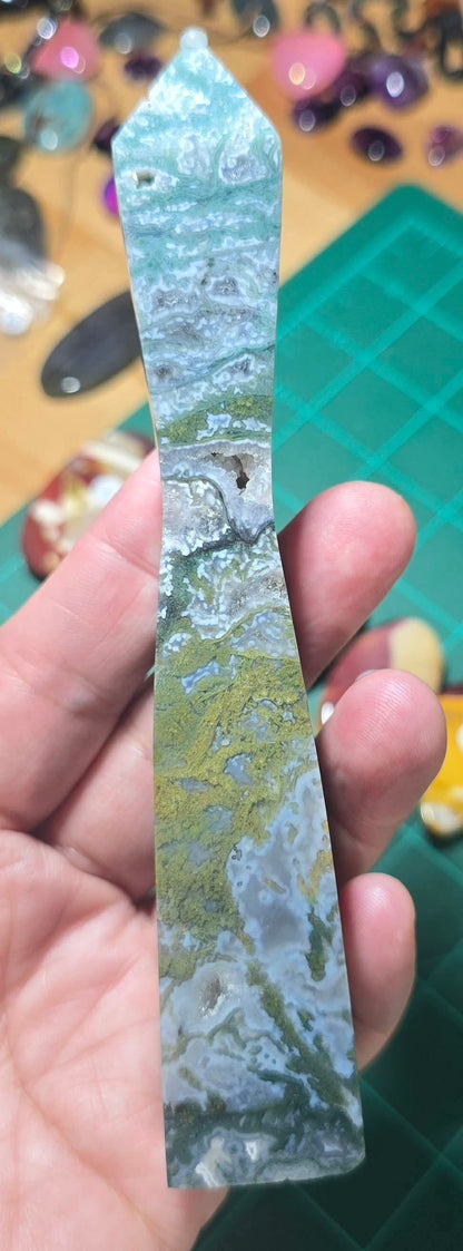 Moss Agate Druzy Hour Glass Tower