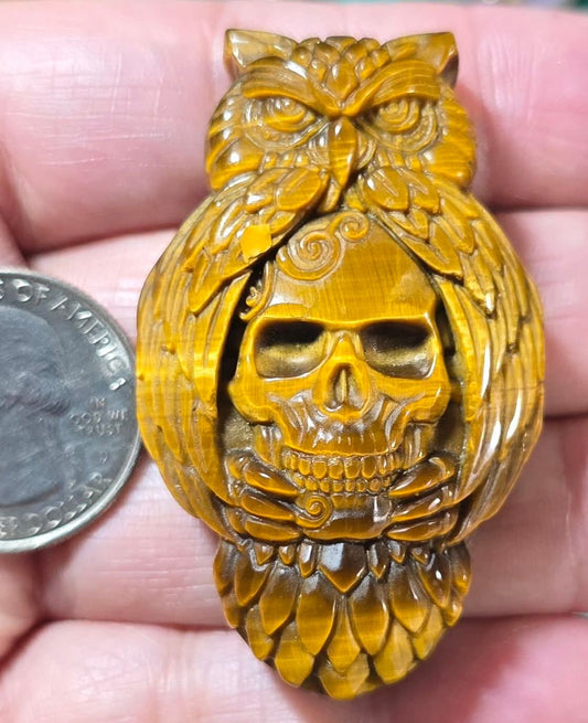 Carved Tiger Eye Owl Skull