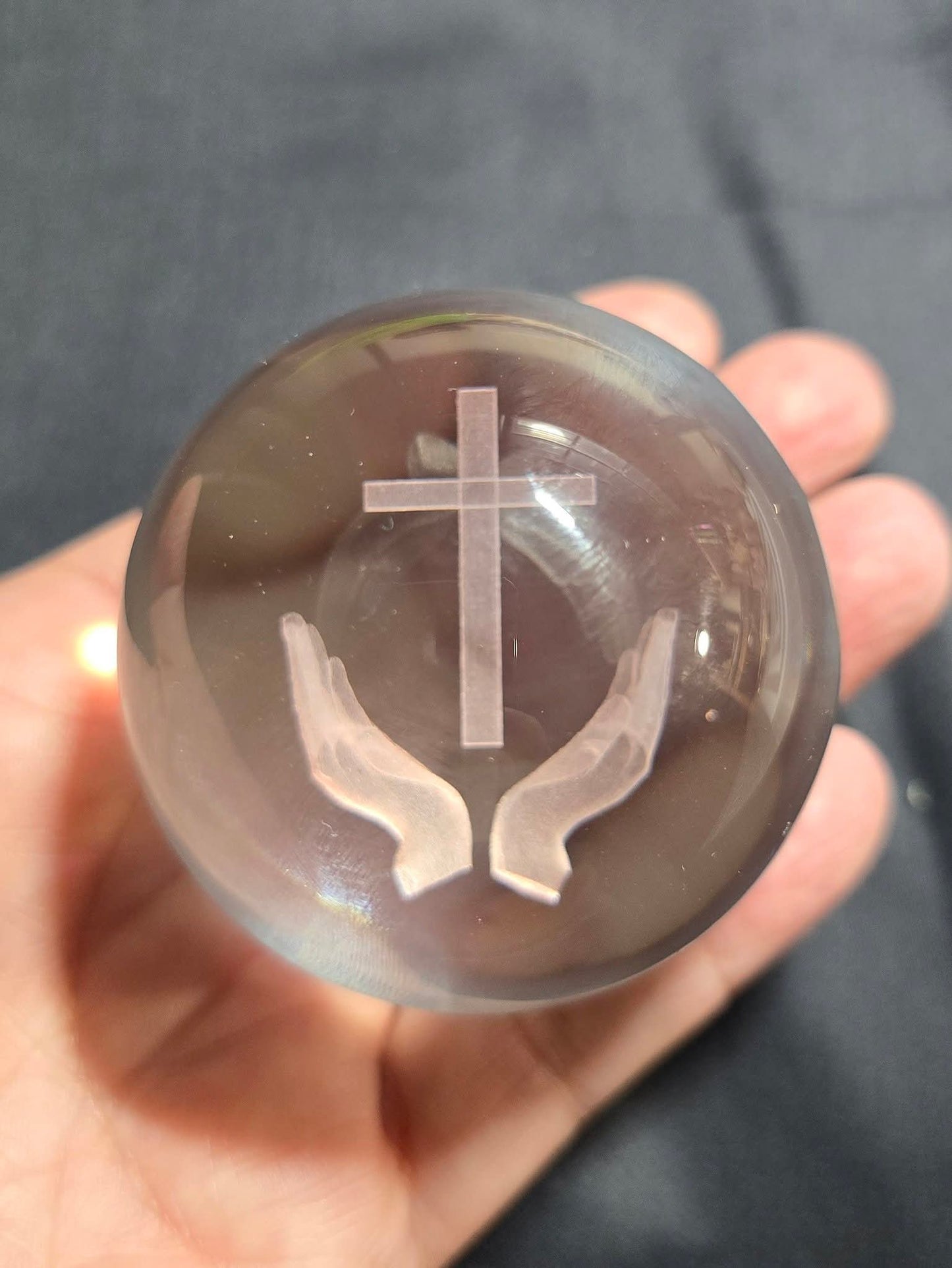 Cross & Hands Glass Sphere Inner Carving