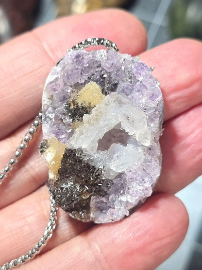 Raw Smoky Quartz in Amethyst Druzy Necklace