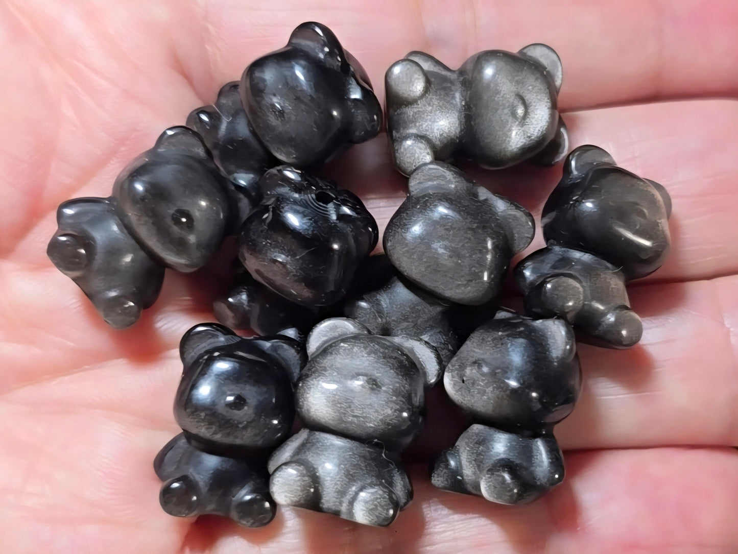 Carved Silver Sheen Obsidian Bear Beads