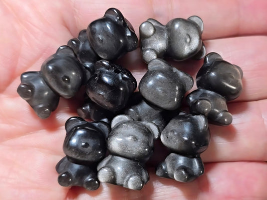 Carved Silver Sheen Obsidian Bear Beads