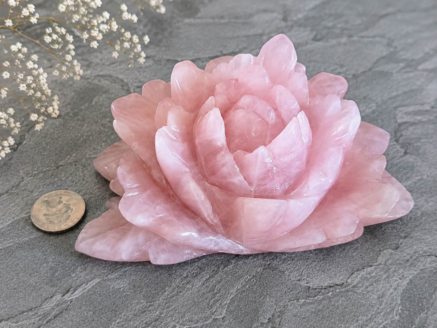 Large Rose Quartz Rose Carving