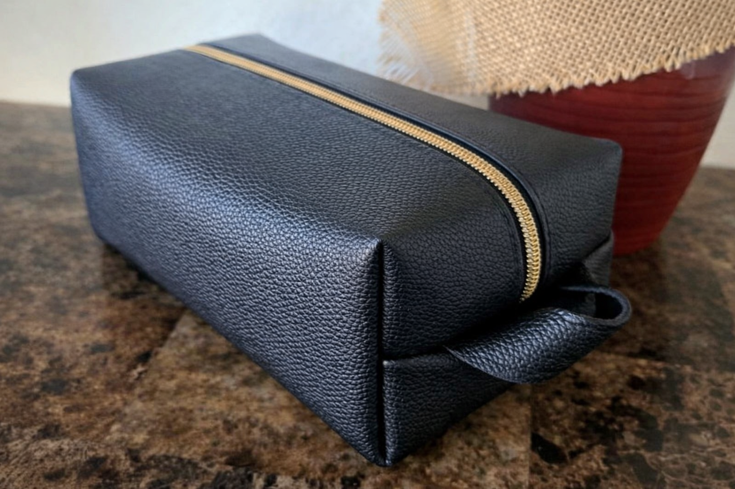 Black Pebbled Full Leather Cosmetic Bag