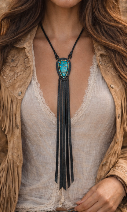 Turquoise Mosaic in Black Leather Statement Necklace