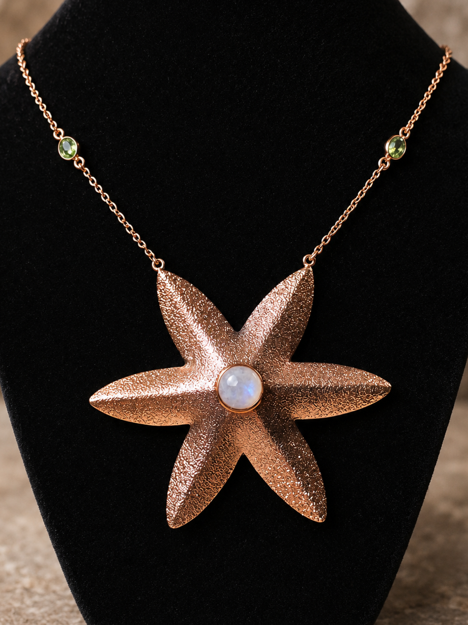 Copper Starfire Moonstone Necklace - Peridot Accents