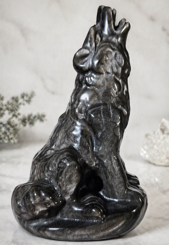 Silver Sheen Obsidian Wolf Carving