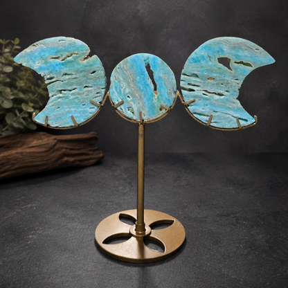 Blue Hemimorphite Triple Moon Carved Display