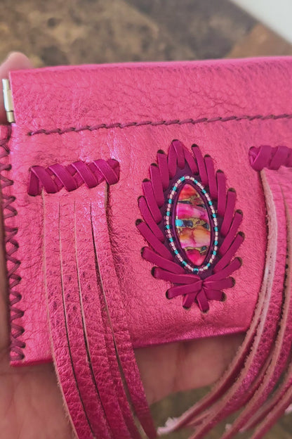 Metallic Pink Leather Fringe Pop Pouch