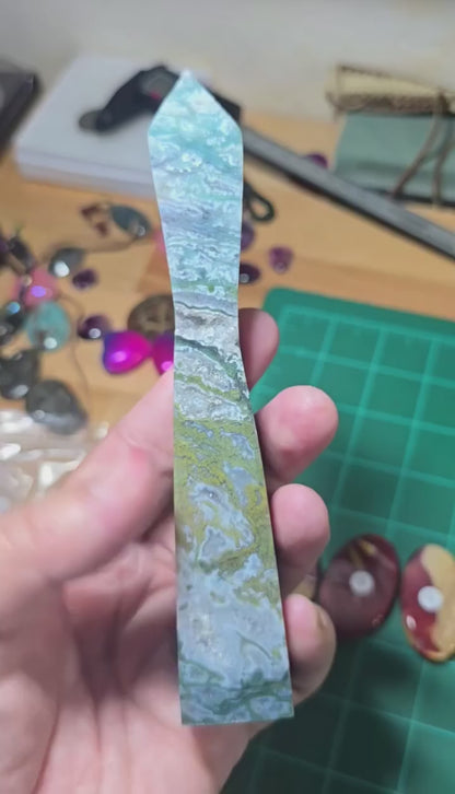 Moss Agate Druzy Hour Glass Tower