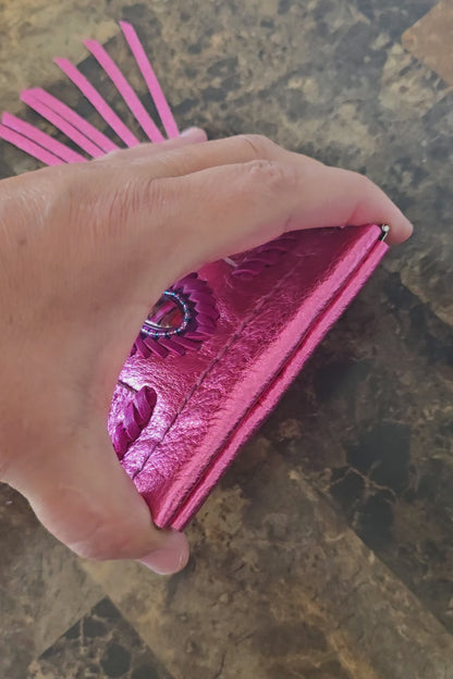 Metallic Pink Leather Fringe Pop Pouch