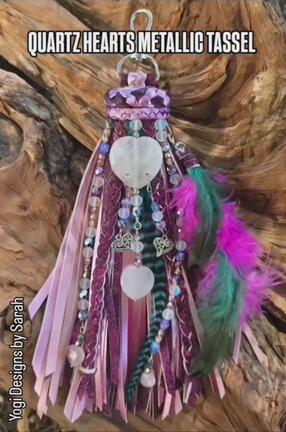 8" Quartz Hearts Metallic Leather Feather Tassel