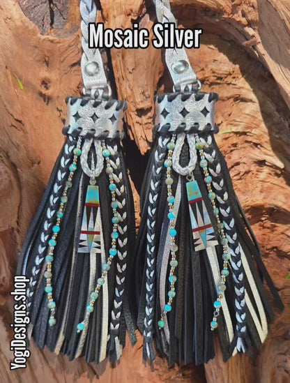 6" Mosaic Silver D-ring Leather Tassels