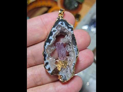 #8 Mexican Agate Window Druzy w/ inset Amethyst Crystal Pendant