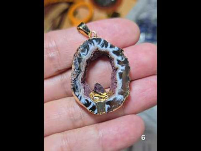 #6 Mexican Agate Window Druzy w/ inset Amethyst Crystal Pendant