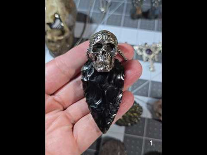 #1 Stainless Steel Skull w/Black Obsidian Necklace