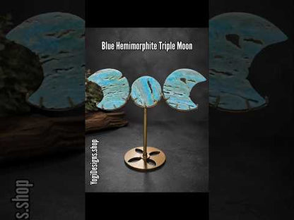 Blue Hemimorphite Triple Moon Carved Display
