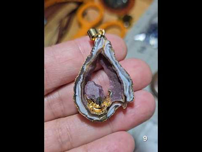 #9 Mexican Agate Window Druzy w/ inset Amethyst Crystal Pendant