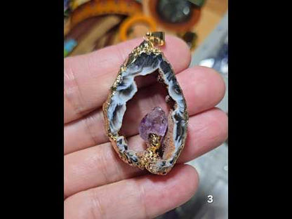 #3 Mexican Agate Window Druzy w/ inset Amethyst Crystal Pendant