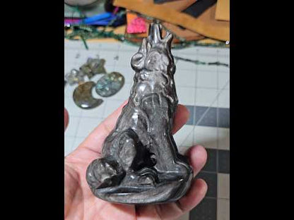Silver Sheen Obsidian Wolf Carving