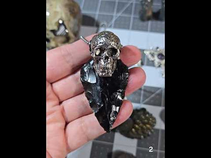 #2 Stainless Steel Skull w/Black Obsidian Necklace
