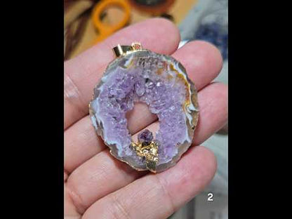 #2 Mexican Agate Window Druzy w/ inset Amethyst Crystal Pendant
