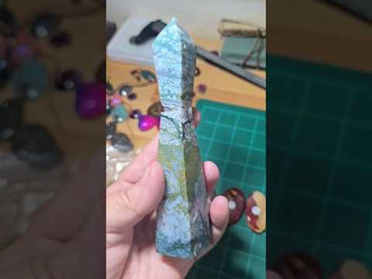 Moss Agate Druzy Hour Glass Tower