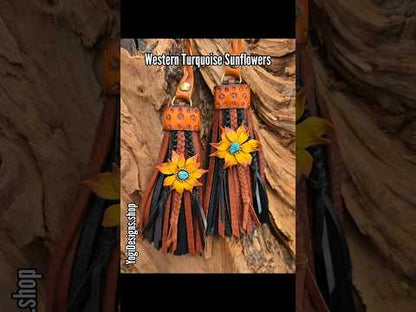 5" Western Turquoise Sunflowers D-ring Leather Tassels