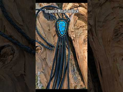 Turquoise Mosaic in Black Leather Statement Necklace