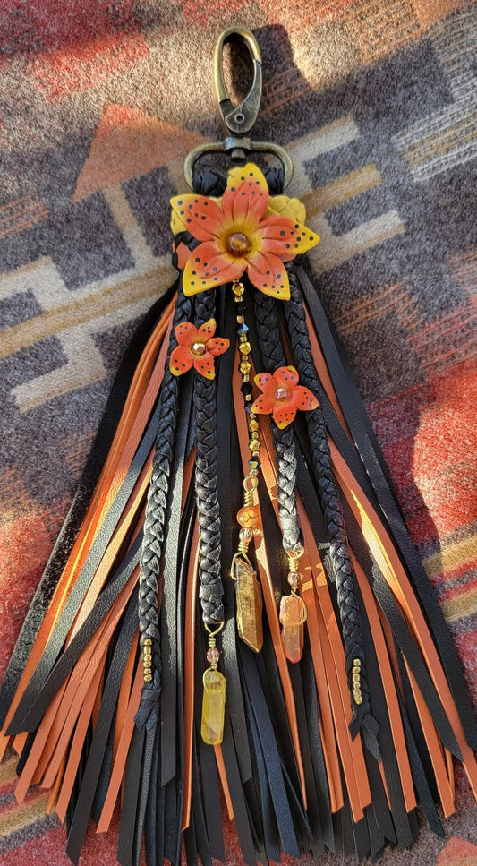 8" Clip-on Scuplted Leather Flower Tassel