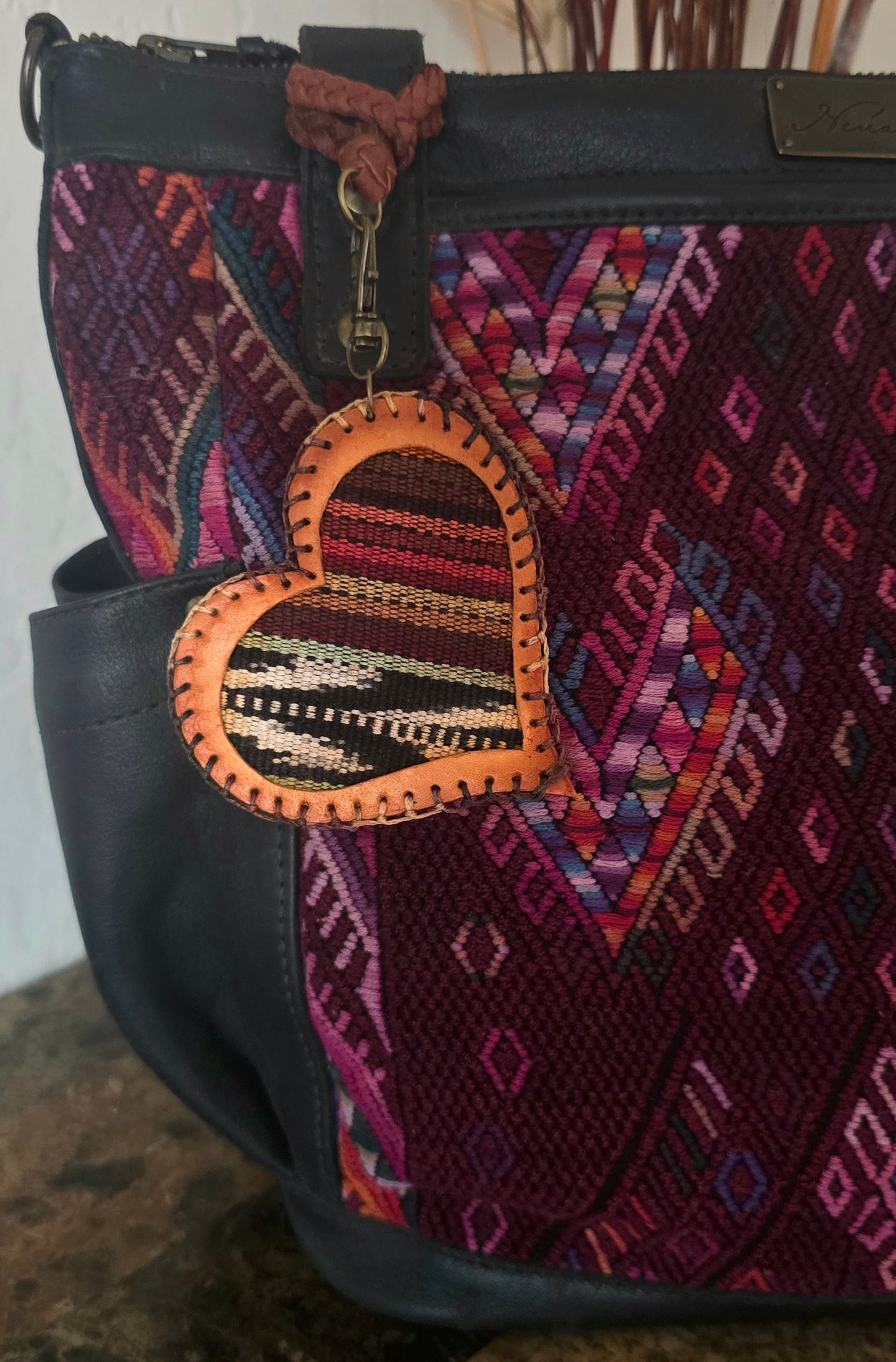 Baja Artisan Fabric Leather Heart Charm